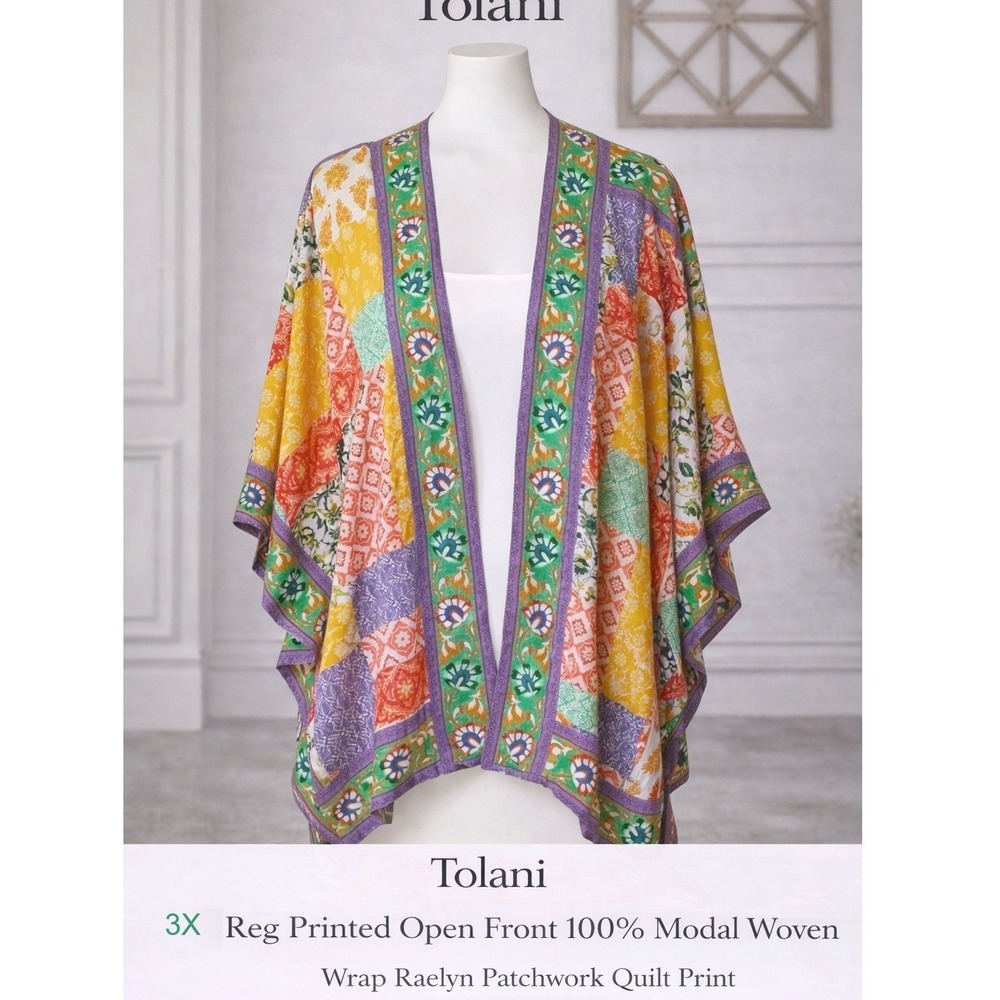 Tolani Raelyn Patchwork Quilt Print Open Front Modal Wrap Kimono 3X A373844